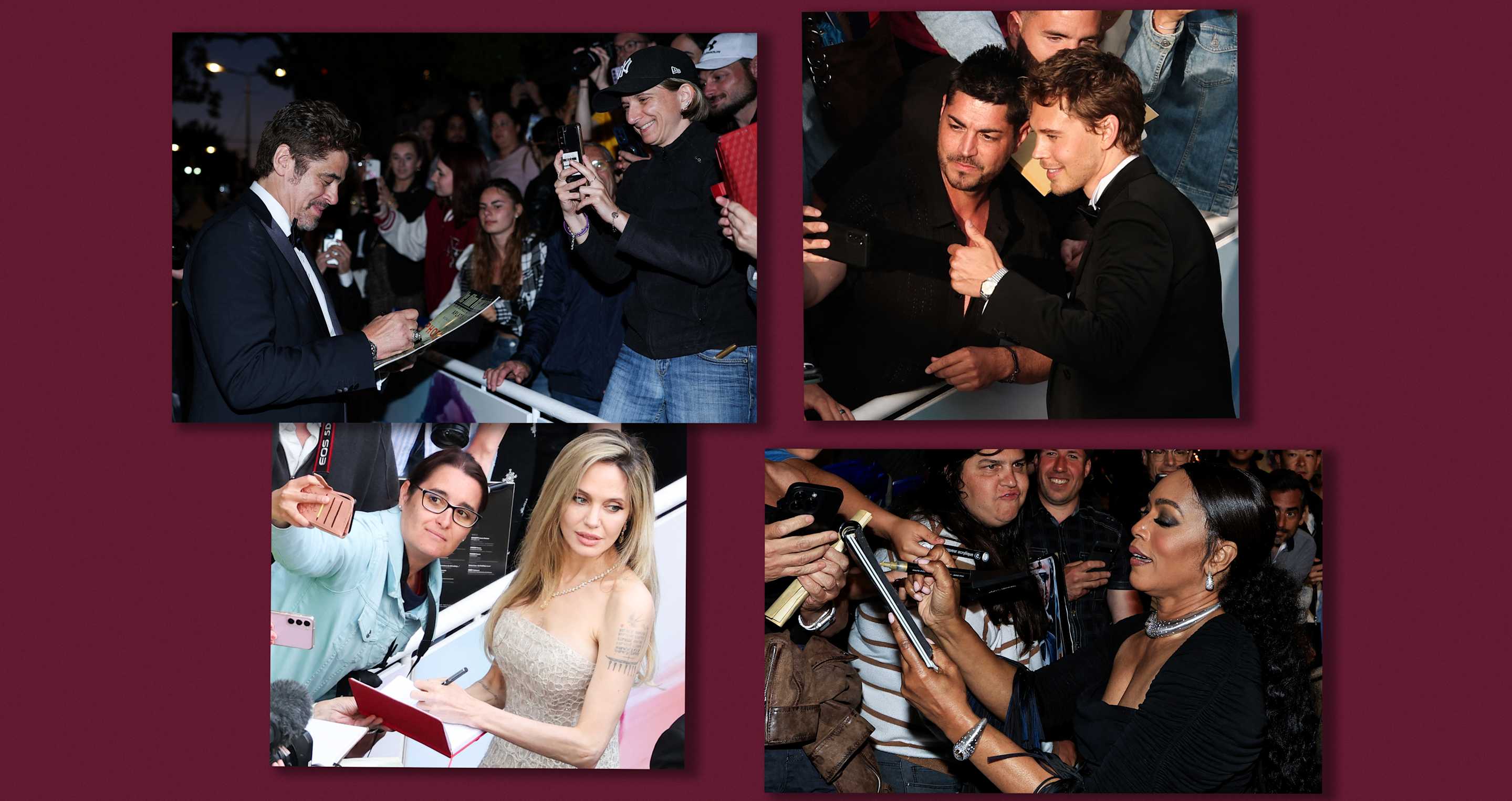 Four images on red background showing Benicio del Toro, Austin Butler, Angela Bassett and Angelina Jolie with fans..