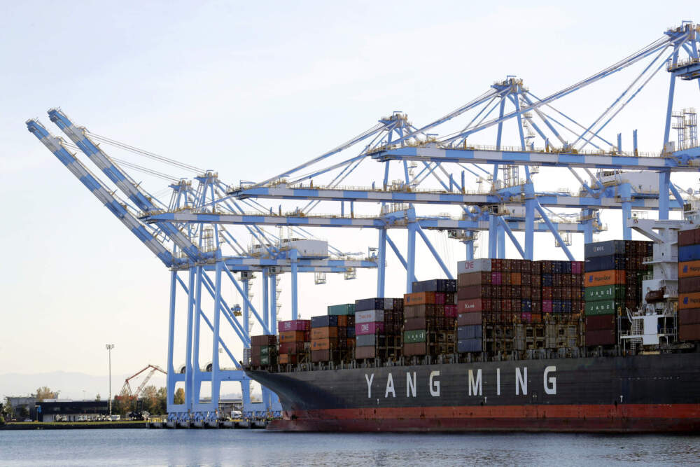 How an expected decline in shipping from China will ripple through the economy On Nov. 4, 2019, cargo cranes are used to take containers off of a Yang Ming Marine Transport Corporation boat at the Port of Tacoma in Tacoma, Washington. (Ted S. Warren/AP)
