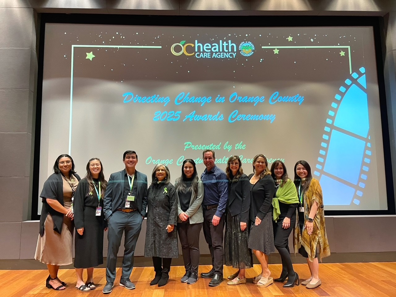 Representatives from the OC Health Care Agency and OCDE celebrate student films at the regional Directing Change awards ceremony May 7. (Orange County Health Care Agency)
