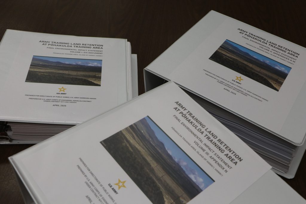 The U.S. Armyʻs Final Environmental Impact statement for training land retention at Pōhakuloa Training Area on the Big Island filled three volumes. (Photo Courtesy: Department of Land and Natural Resources)