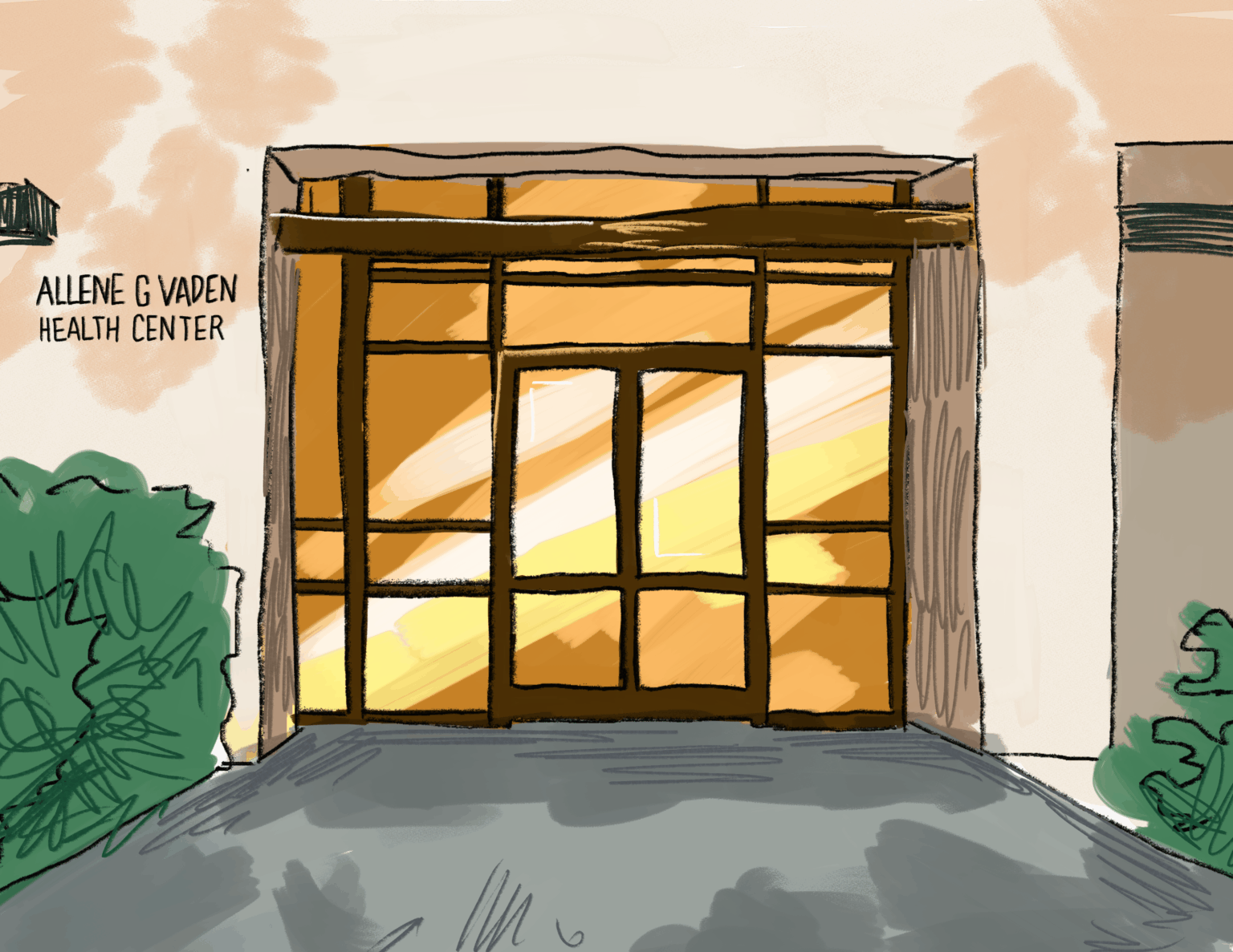 A drawing of the front facade of Vaden Health Services building.
