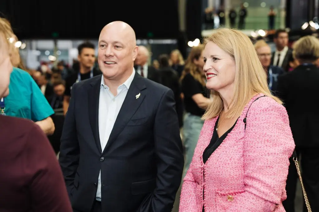 NZ PM Christopher Luxon (left) and Minister for Tourism and Hospitality, Louise Upston at Trenz 2025.