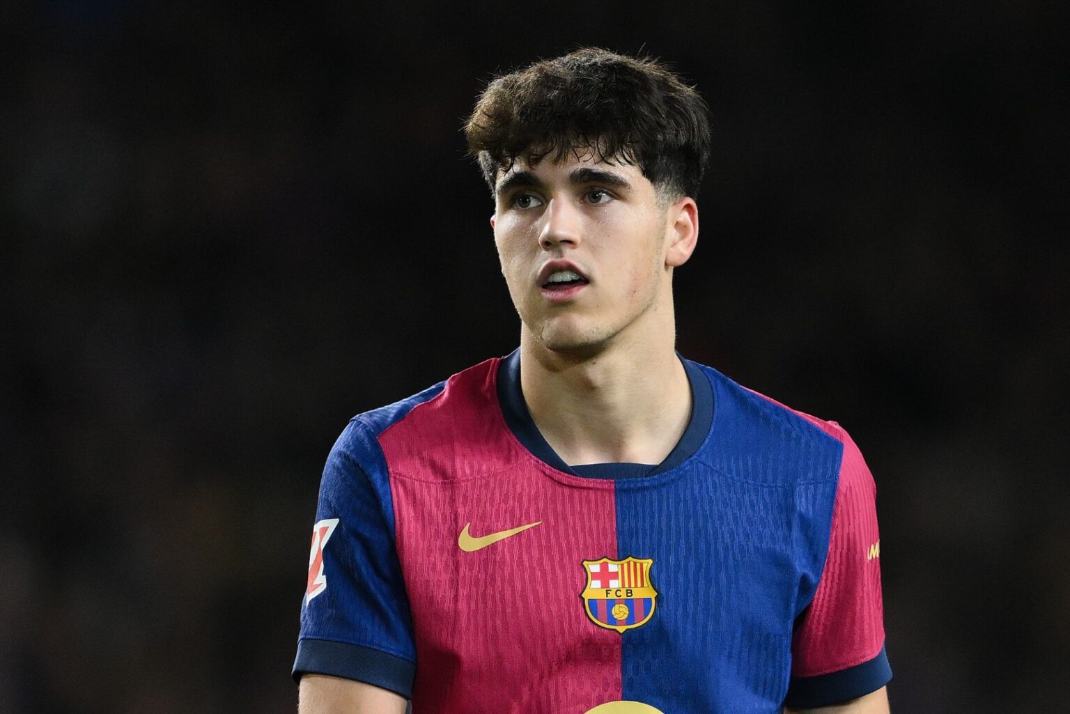BARCELONA, SPAIN - JANUARY 26: Pau Cubarsí of FC Barcelona looks on during the LaLiga match between FC Barcelona and Valencia CF at Estadi Olimpic Lluis Companys on January 26, 2025 in Barcelona, Spain.