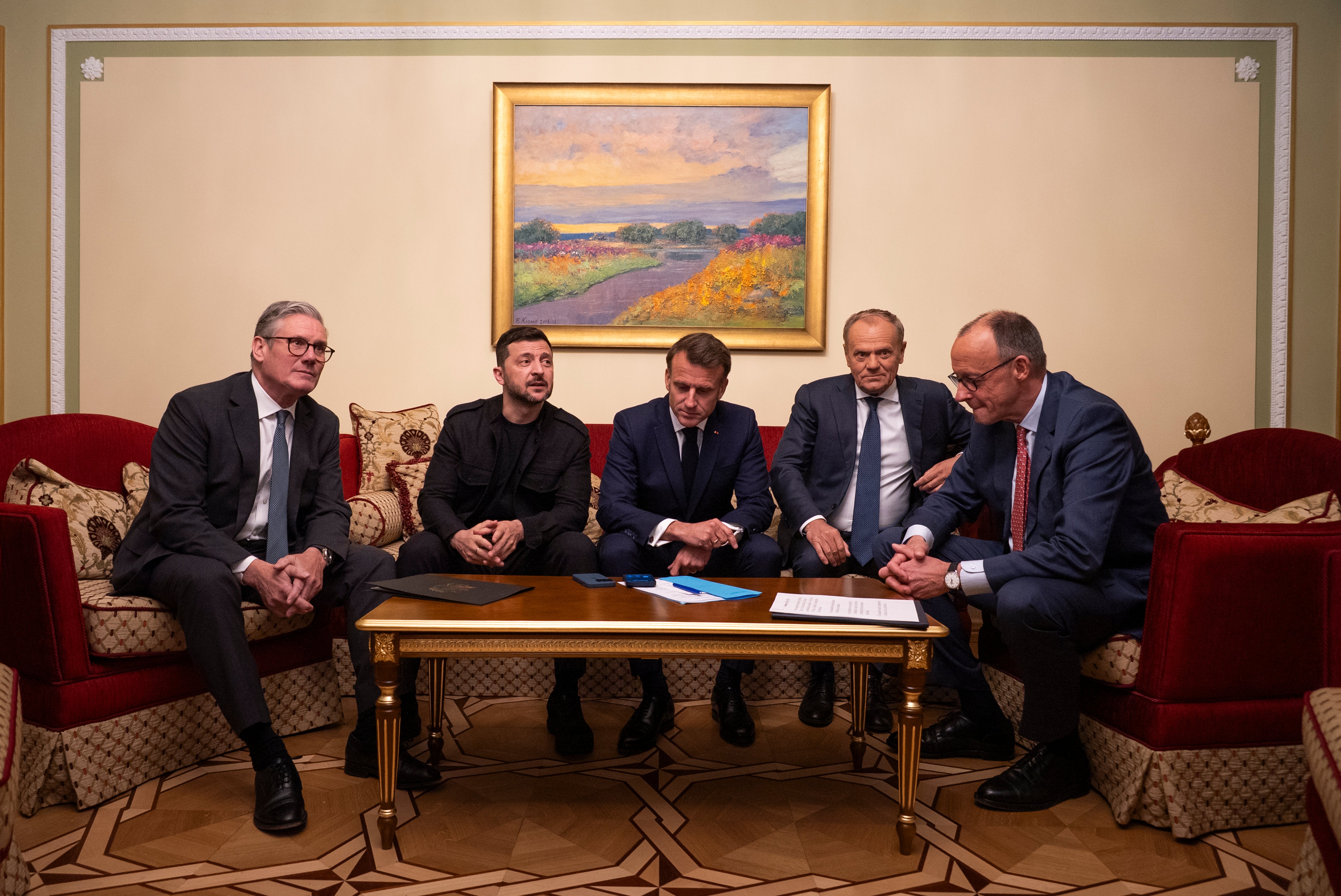 Prime minister Keir Starmer with resident Volodymyr Zelensky, French president Emmanuel Macron, Polish prime minister Donald Tusk and German chancellor Friedrich Merz as they make a call to US president Donald Trump from Kyiv