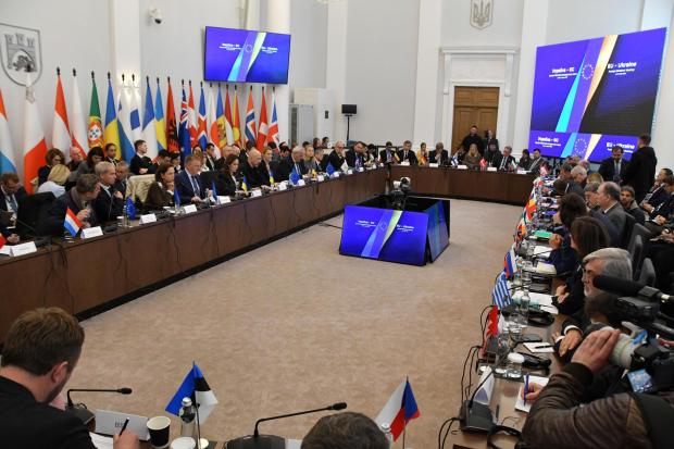 Ukraine and Europe foreign Ministers attend a meeting in Lviv, Ukraine, on Friday, May 9, 2025. (AP Photo/Mykola Tys)