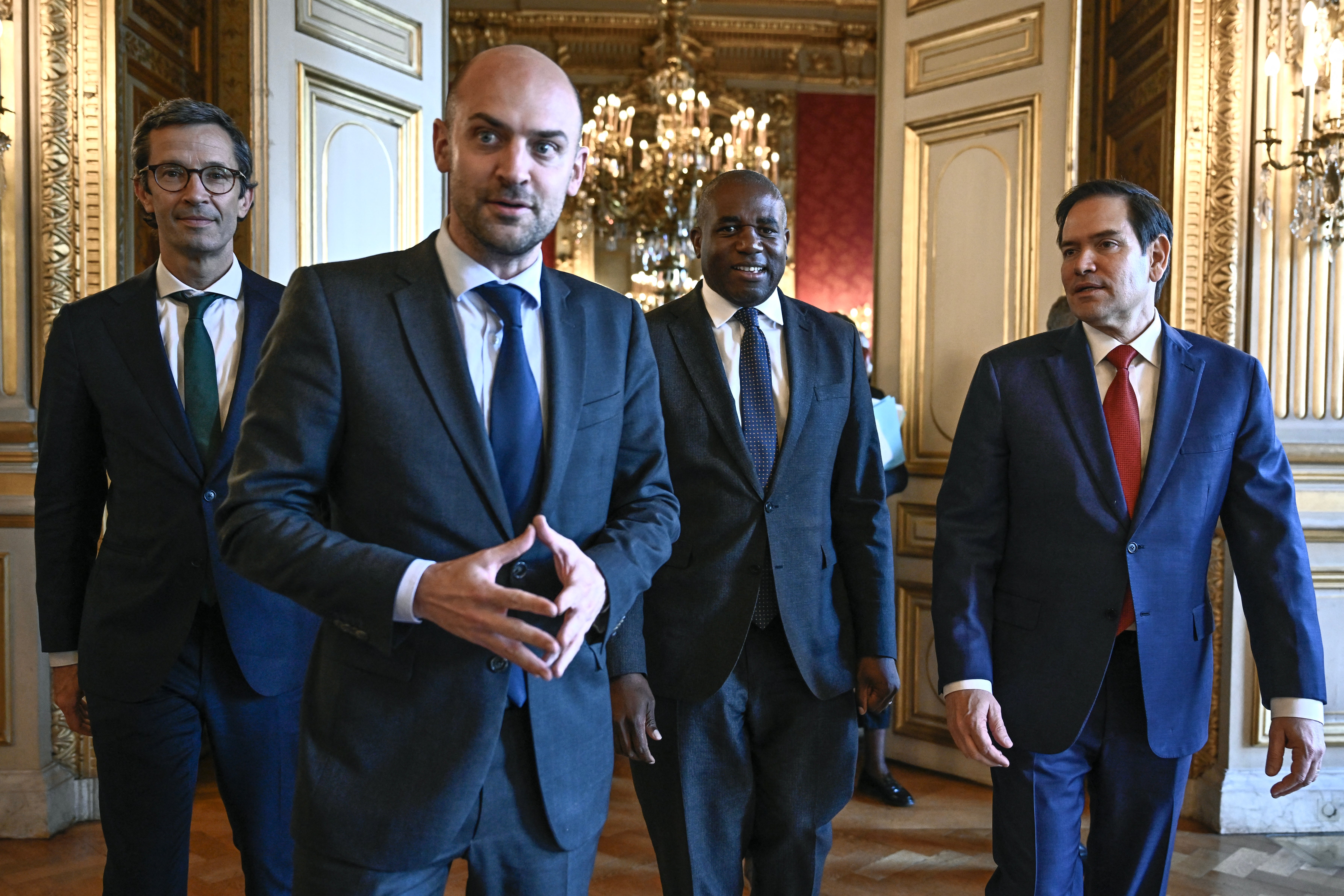 Germany's political director of the ministry of foreign affairs Gunter Sautter, France's minister for Europe and Foreign Affairs Jean-Noel Barrot, Britain's foreign secretary David Lammy and US secretary of state Marco Rubio in Paris