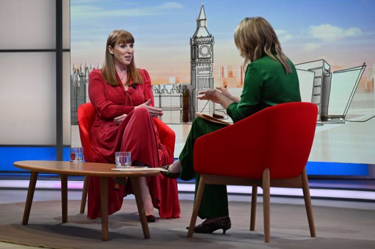 For use in UK, Ireland or Benelux countries only BBC handout photo of Deputy Prime Minister Angela Rayner (left) appearing on the BBC1 current affairs programme, Sunday with Laura Kuenssberg. Picture date: Sunday May 25, 2025. PA Photo. See PA story POLITICS Rayner. Photo credit should read: Jeff Overs/BBC/PA Wire NOTE TO EDITORS: Not for use more than 21 days after issue. You may use this picture without charge only for the purpose of publicising or reporting on current BBC programming, personnel or other BBC output or activity within 21 days of issue. Any use after that time MUST be cleared through BBC Picture Publicity. Please credit the image to the BBC and any named photographer or independent programme maker, as described in the caption.