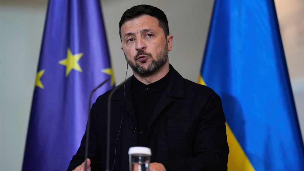Ukraine's President Volodymyr Zelenskyy attends a news conference at the chancellery in Berlin, Germany, Wednesday, May 28, 2025.(AP Photo/Markus Schreiber)