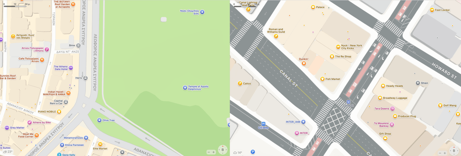Comparison of New York and Athens GPS maps at Apple Maps. In New York, even dividing strips appear.