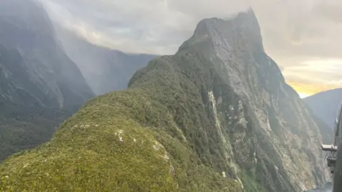Southern District Police Mitre Peak in New Zealand which is a very steep mountainous area. It shows densely packed greenery. 