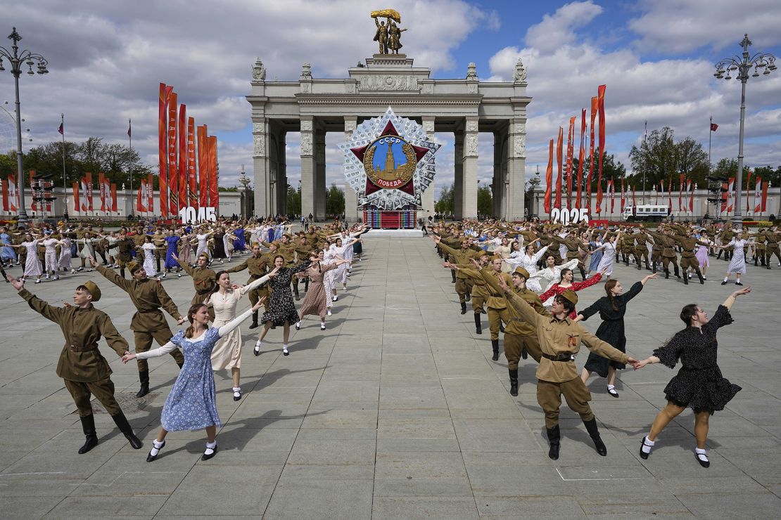 Moscow students dressed in the fashion of the middle of the last century and Soviet style uniform perform a 