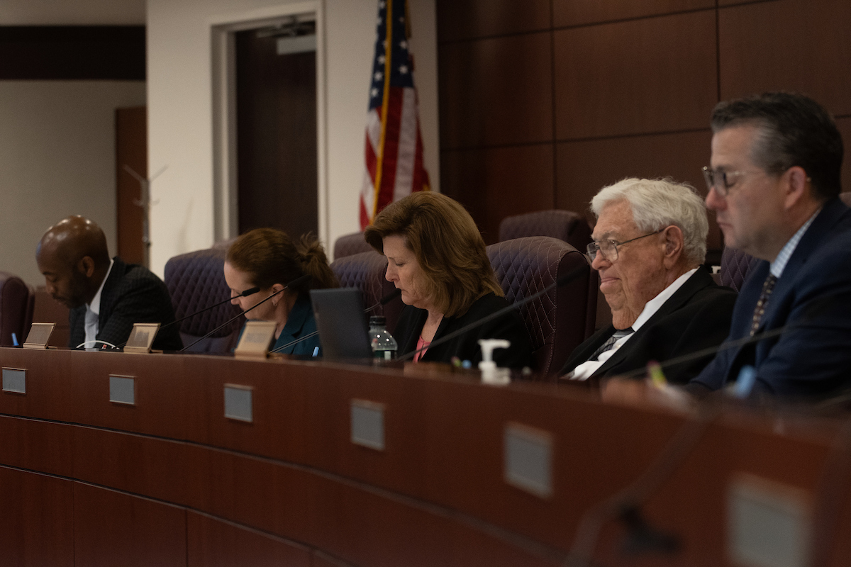 Members of the Economic Forum, from left, Michael Crome, Vice Chair Jennifer Lewis, Chair Linda Rosenthal, Marvin Leavitt and Brian Gordon, during a meeting of the Forum on May 1, 2025, inside the Legislature in Carson City. 