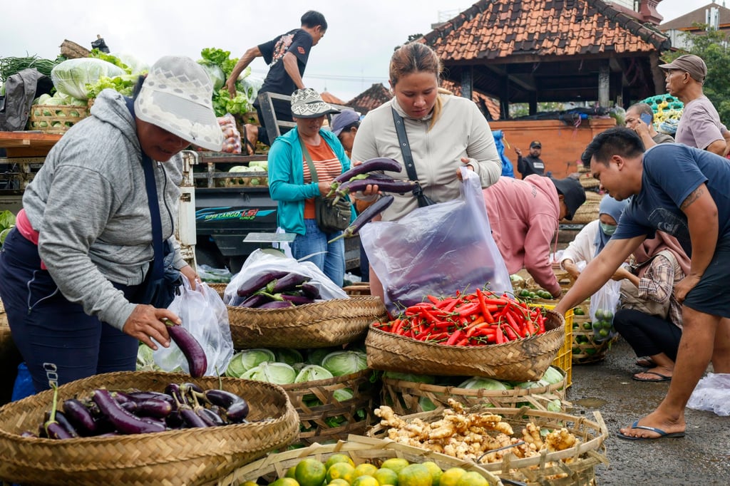 People shop for vegetables at a traditional market in Denpasar, Bali on May 14. Indonesia’s economy posted its slowest growth rate in over three years in the January to March period. Photo: EPA-EFE