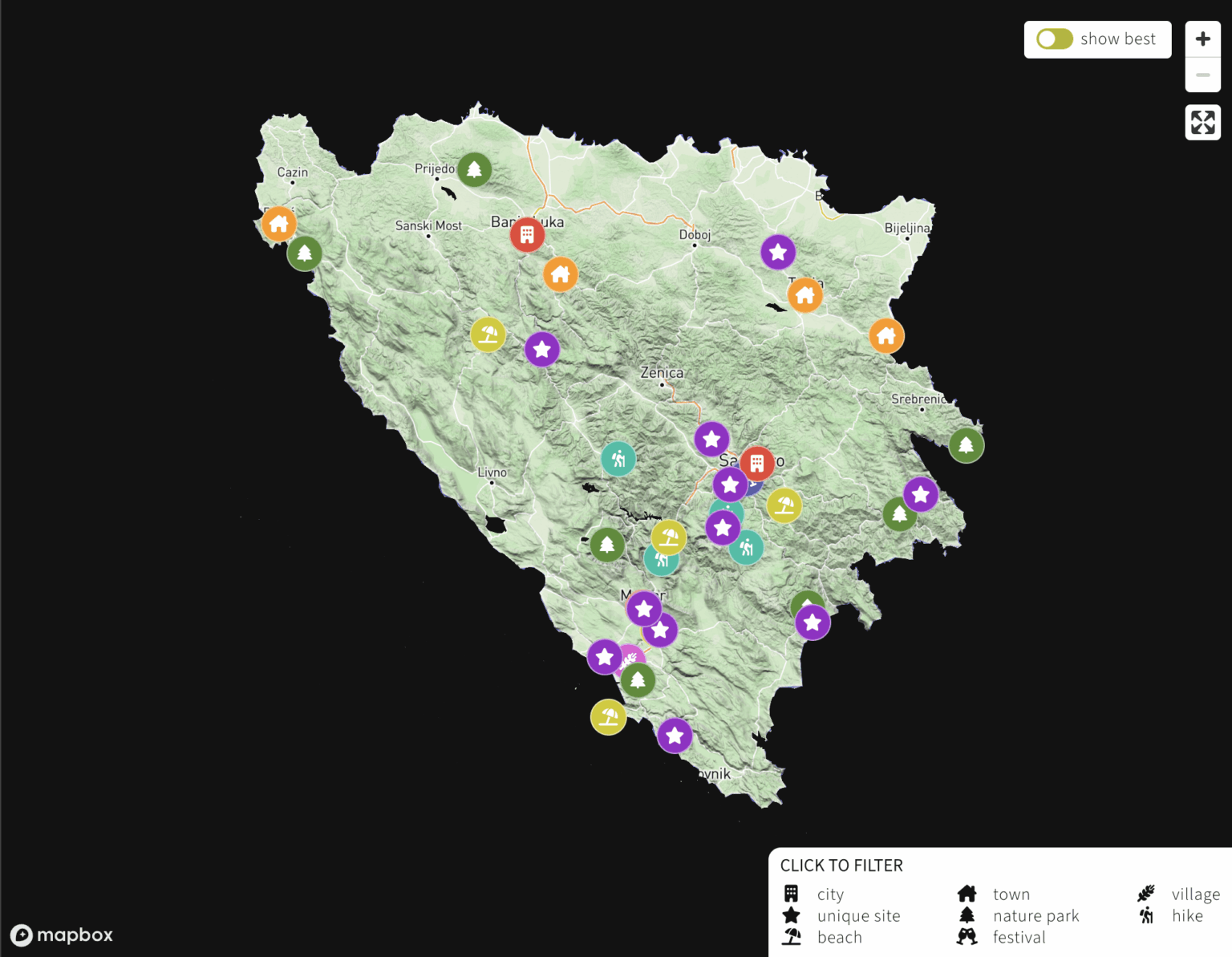 Created this interactive map of where to go in Bosnia & Herzegovina