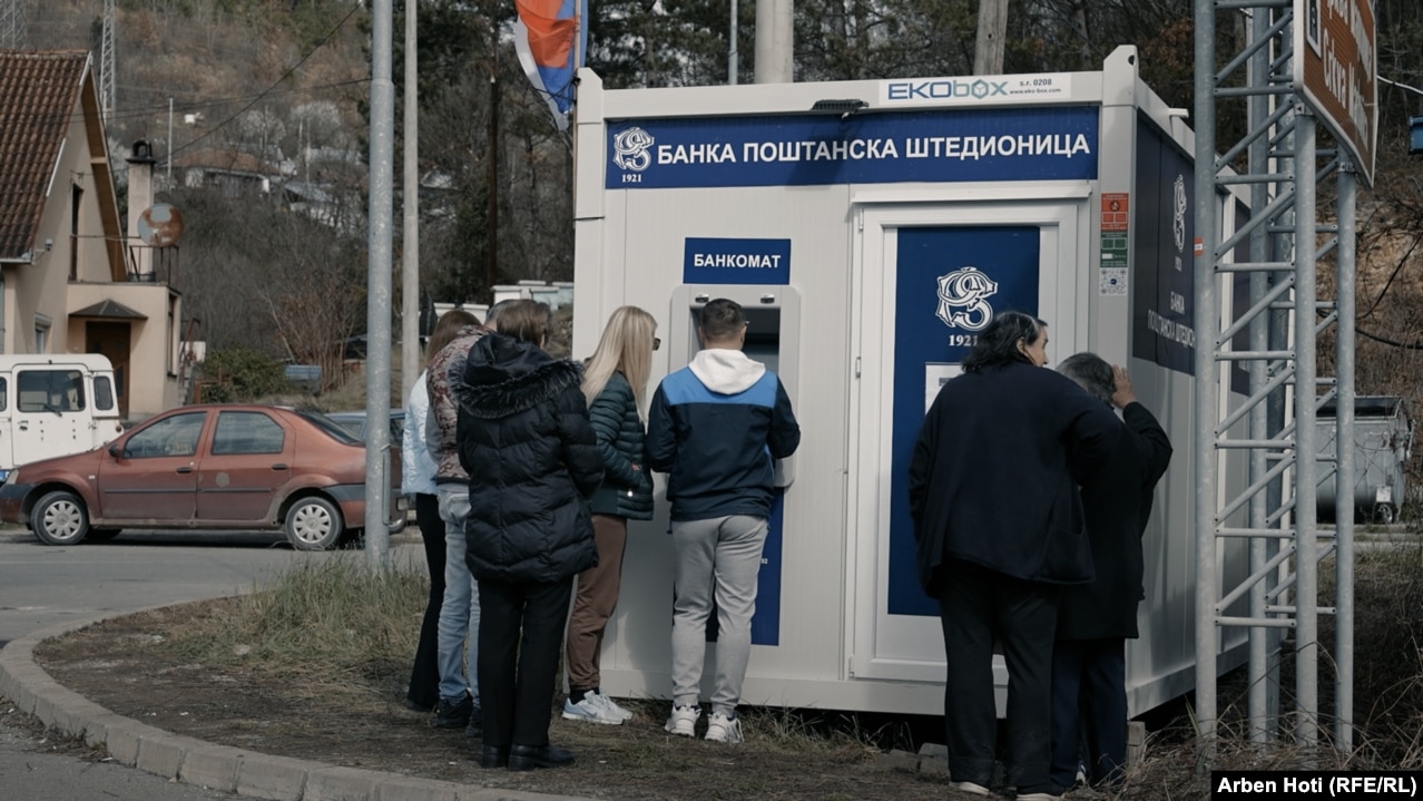 An ATM installed by Serbian authorities in Raška, Serbia, just a few meters after crossing the border with Kosovo.