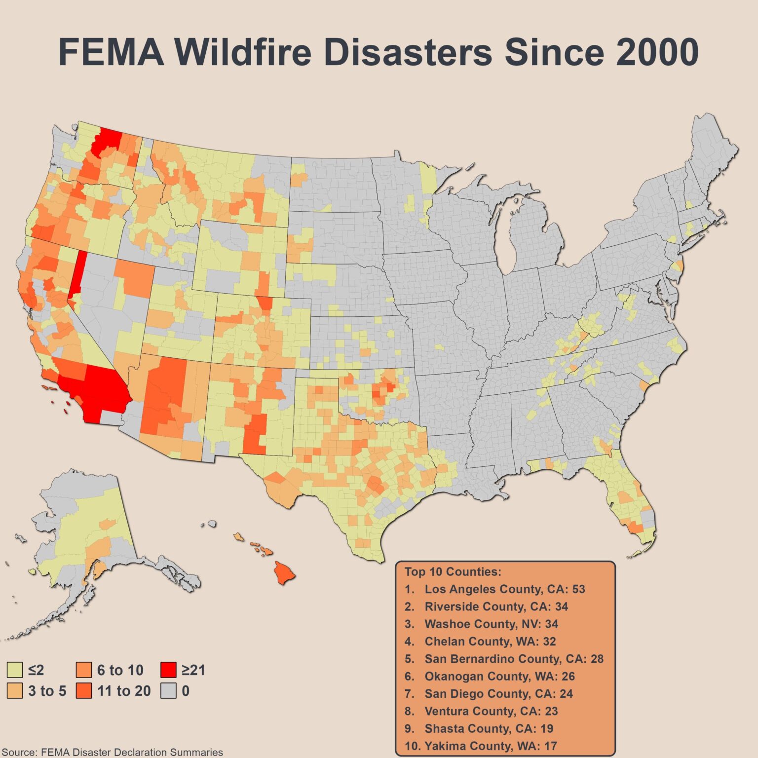 [OC] FEMA Wildfire Disasters Since 2000 by County