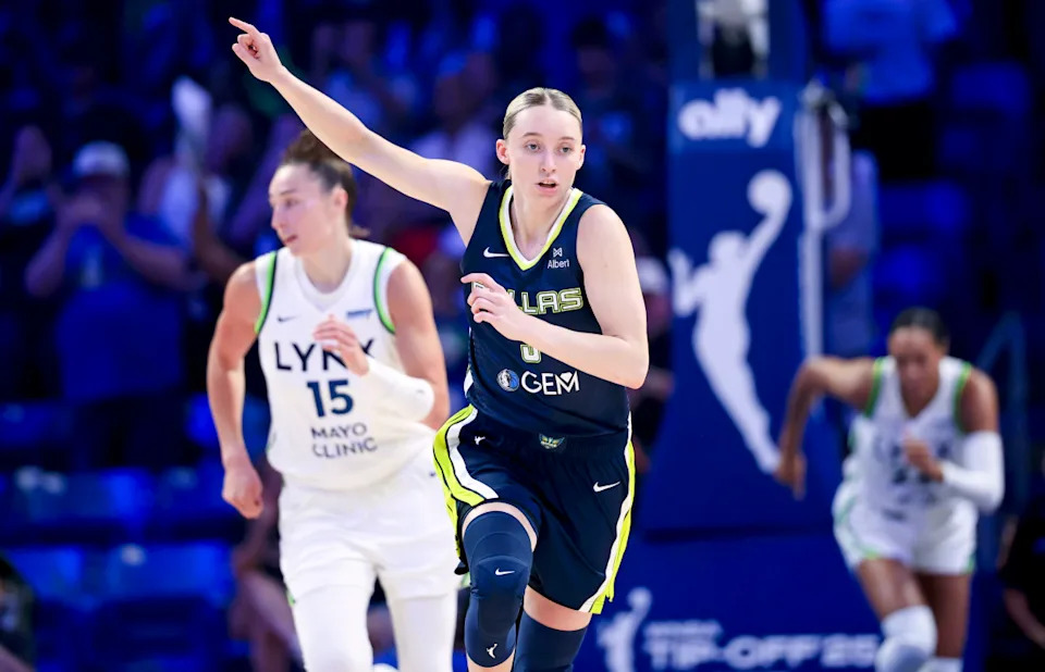 Dallas Wings guard Paige Bueckers (5) reacts after scoring against the Minnesota Lynx during the first half at College Park Center.Kevin Jairaj-Imagn Images