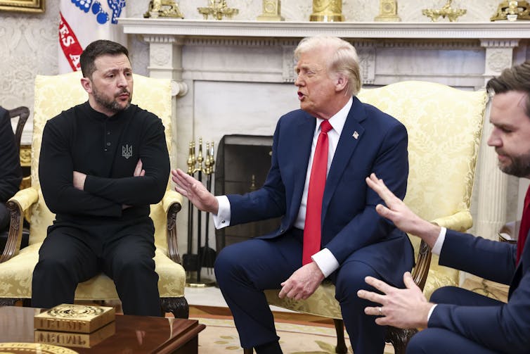 Ukrainian president, Volodymyr Zelensky, meeting with US president Donald Trump, and vice-president, J.D. Vance, in the Oval offices. Trump and Vance are gesturaing at Zelensky.