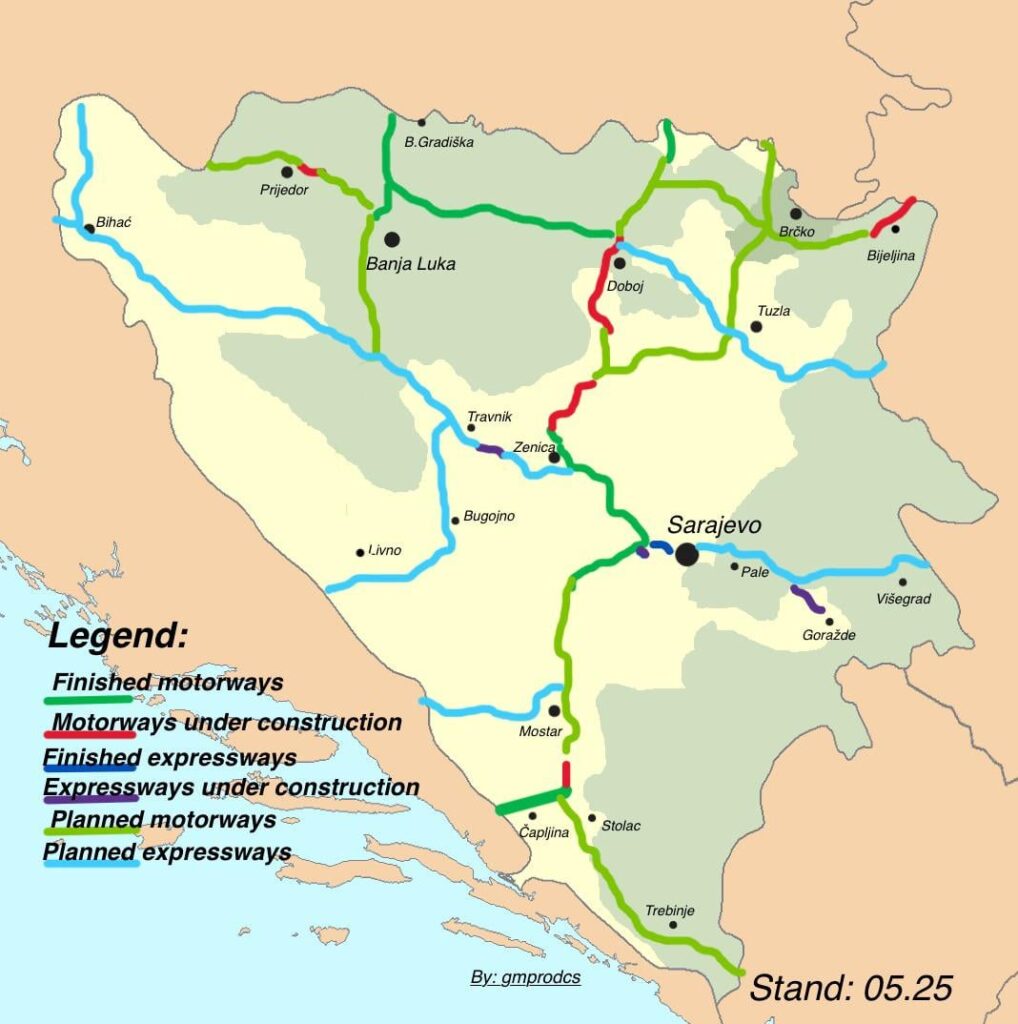 The most complete map of the motorway network and fast roads in Bosnia and Herzegovina
