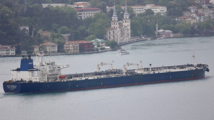 An oil tanker owned by the Russian state shipping company Sovcomflot transits the Bosphorus in Istanbul, Turkey, in April last year