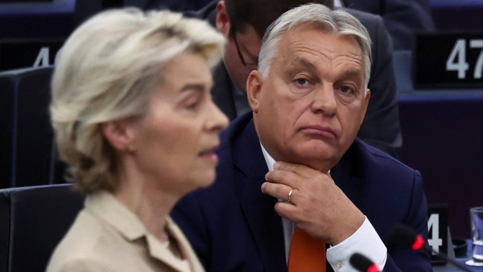 Prime Minister Viktor Orbán looks at European Commission president Ursula von der Leyen as she speaks at the European parliament in Strasbourg, France in October 2024