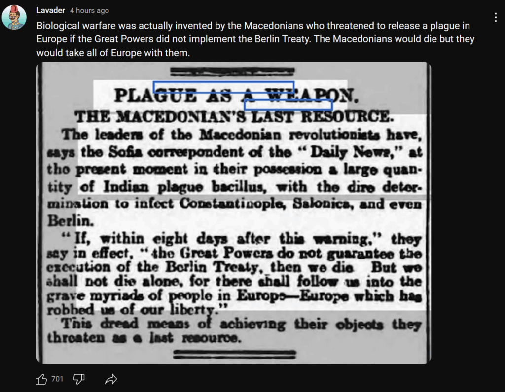Macedonian revolutionaries with threat of biological weapons on Europe if the big powers do not help them with liberation from the Ottomans