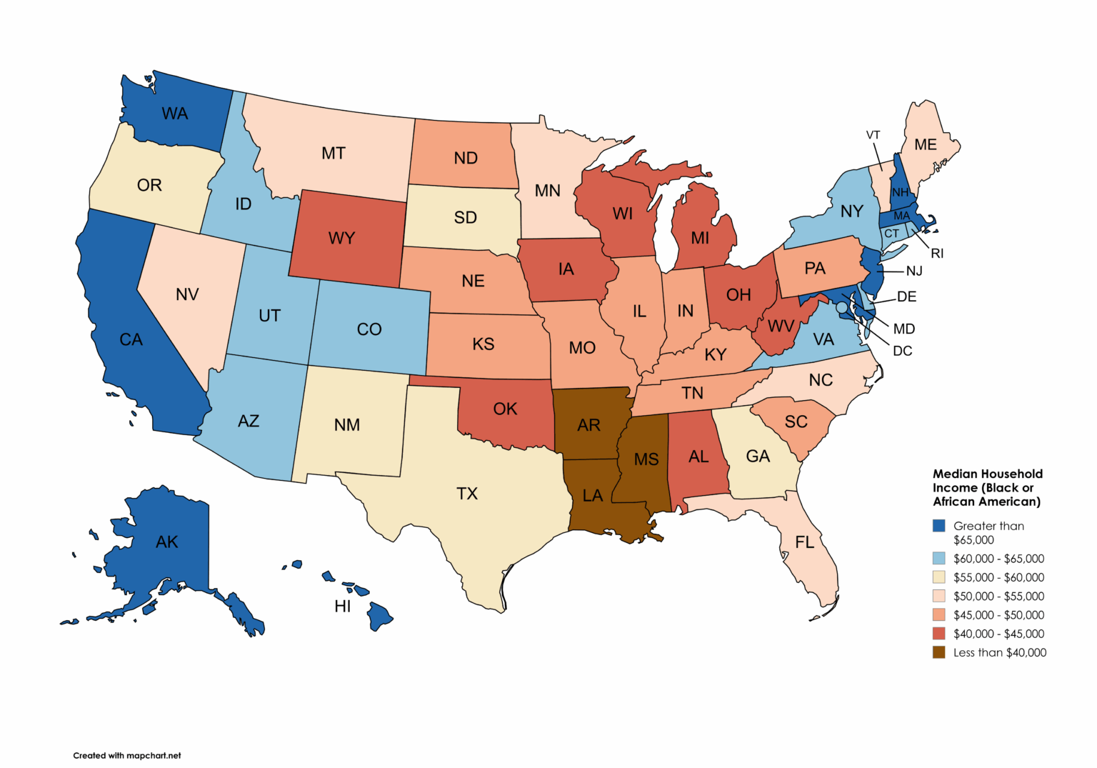 [OC] Median Household Income for Black or African Americans by U.S. State (Data from Datacommons)