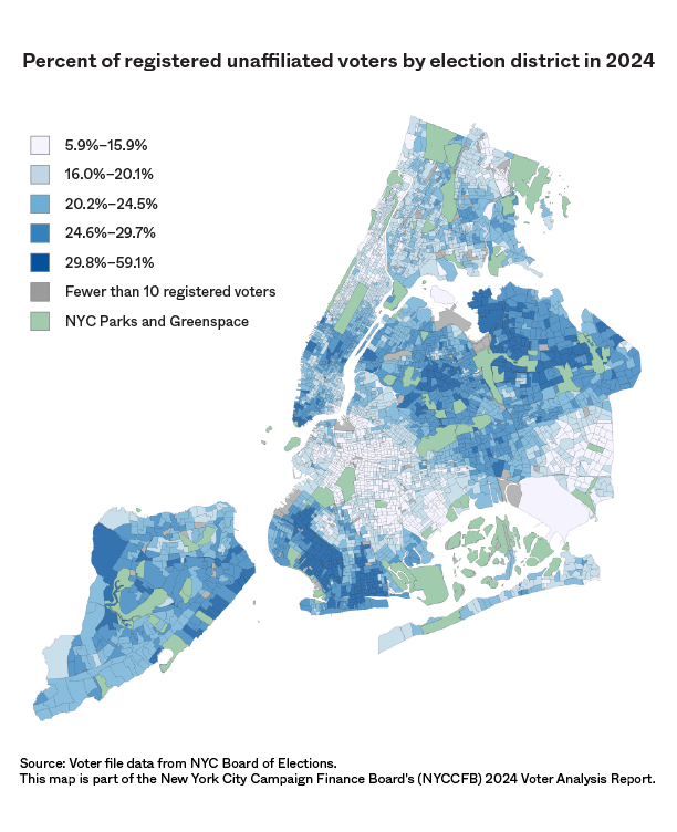 Map of NYC's unaffiliated voter population by election district, 2024 [OC]