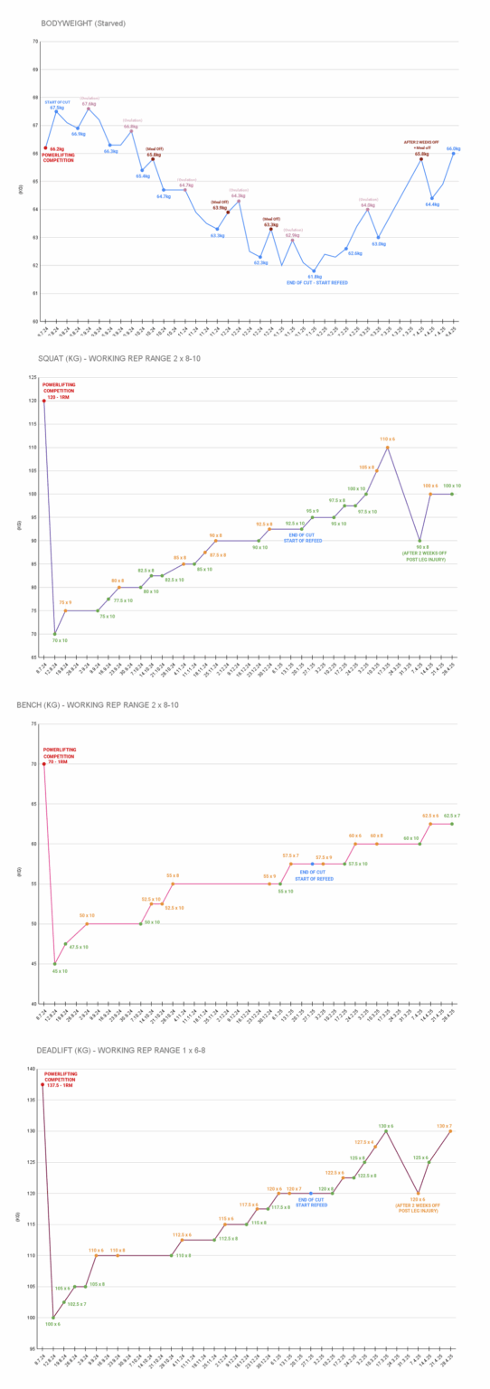 I tracked the progression of my lifts at the gym during a 10 month recomp (KG and LBS graphs included)