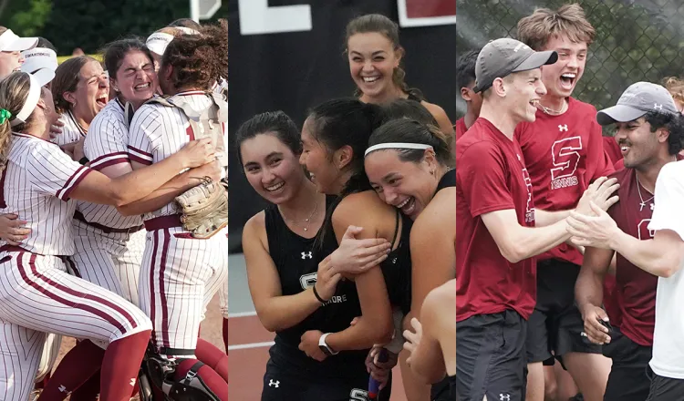 Collage of spring sports teams celebrating conference titles