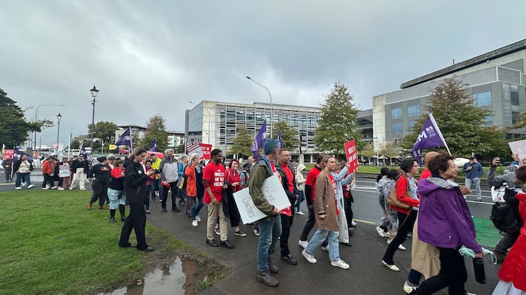 Striking doctors protest outside Auckland Hospital.