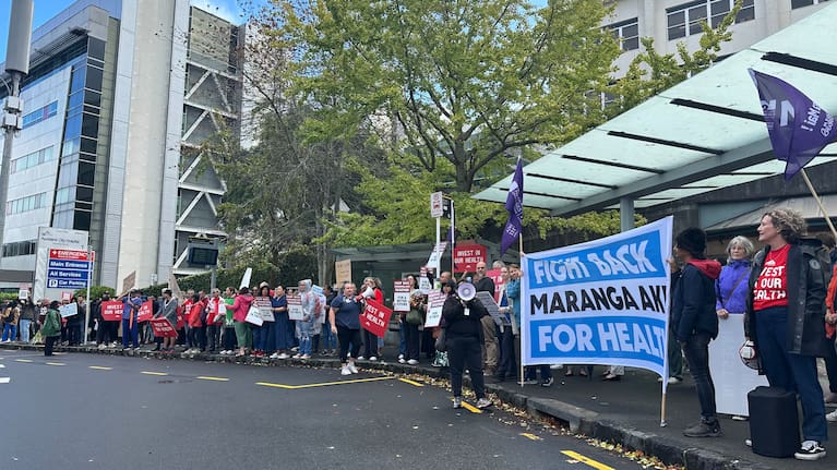 Striking doctors protest outside Auckland Hospital.