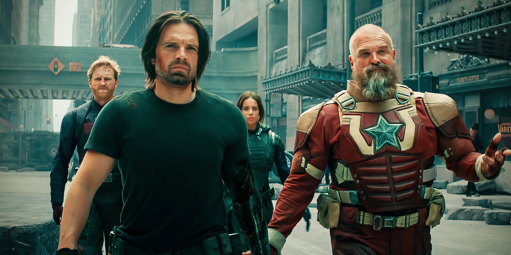Bucky, Red Guardian, John Walker and Ghost walking together in New York in Thunderbolts*