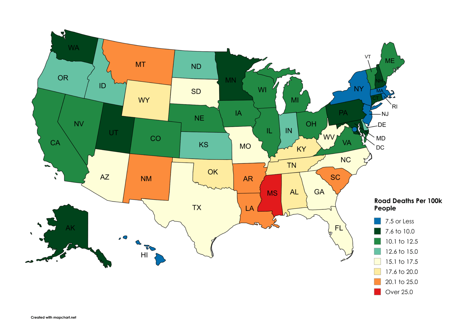 [OC] Road Deaths Per 100k People by U.S. State (2021 Data From NHTSA)