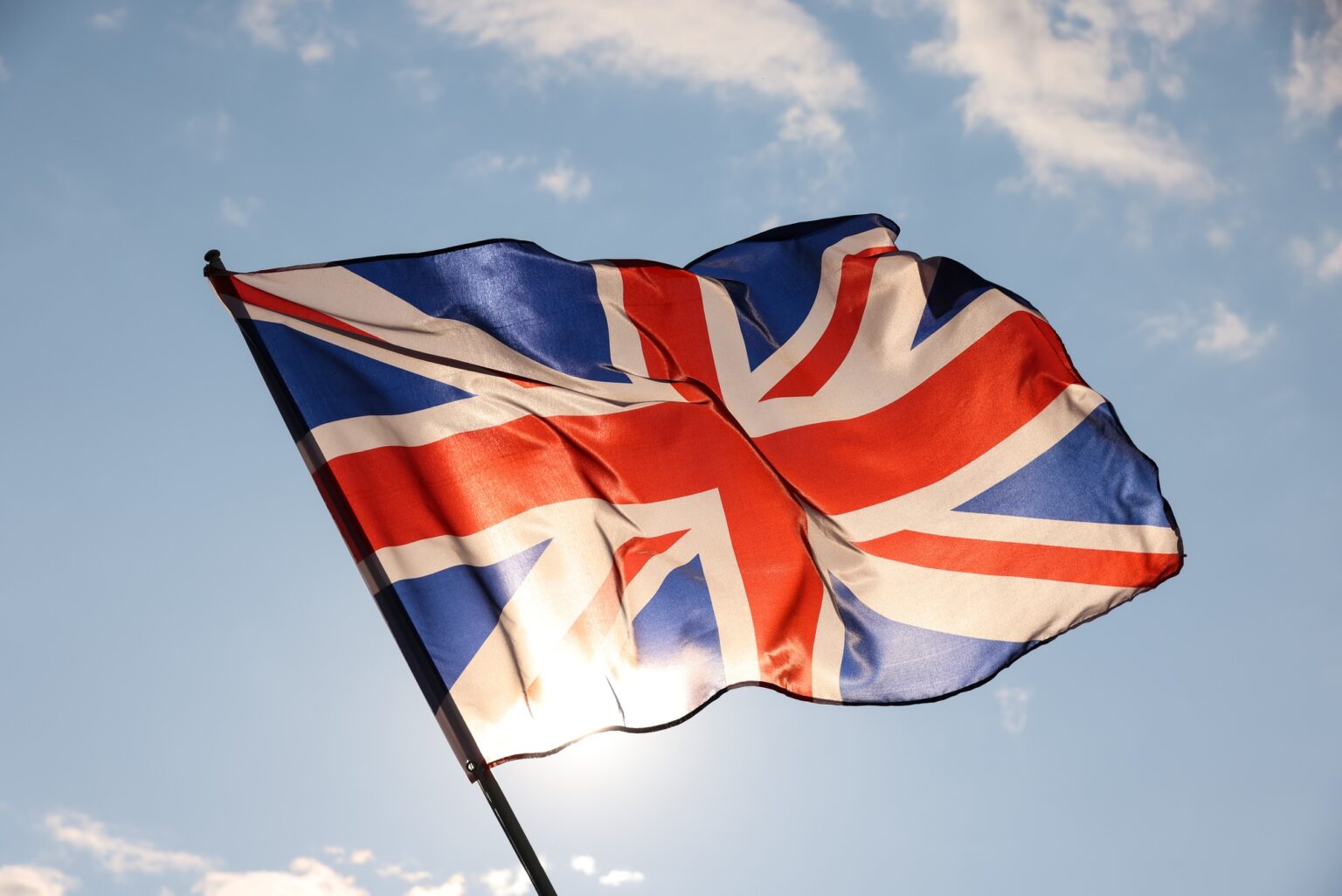 UK Researchers Can Access More Quantum And Space Horizon Funding UK Great Britain flag waving in cloudy blue sky