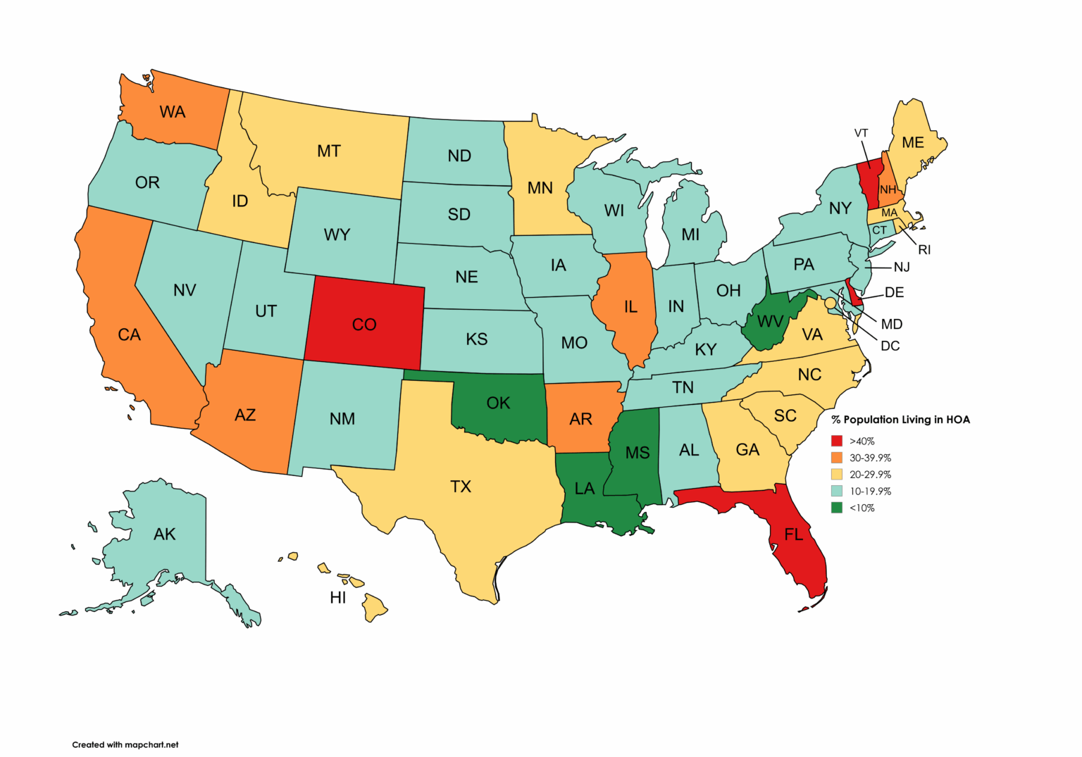 [OC] % Population Living in HOA by U.S. State (Source: Foundation for Community Association Research)