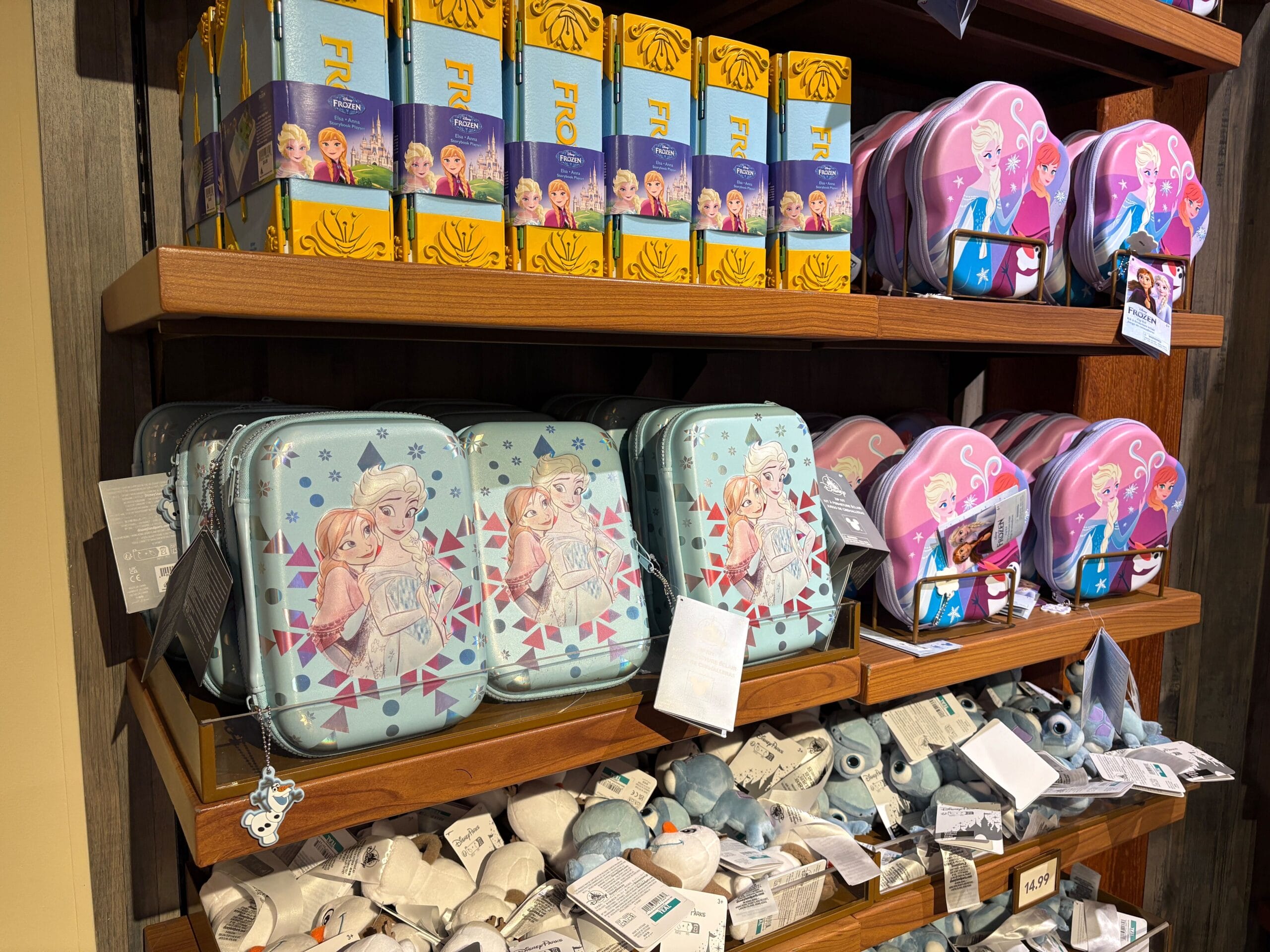 Store shelf with Frozen-themed bags, plush toys, and boxed items featuring characters from the movie Frozen.