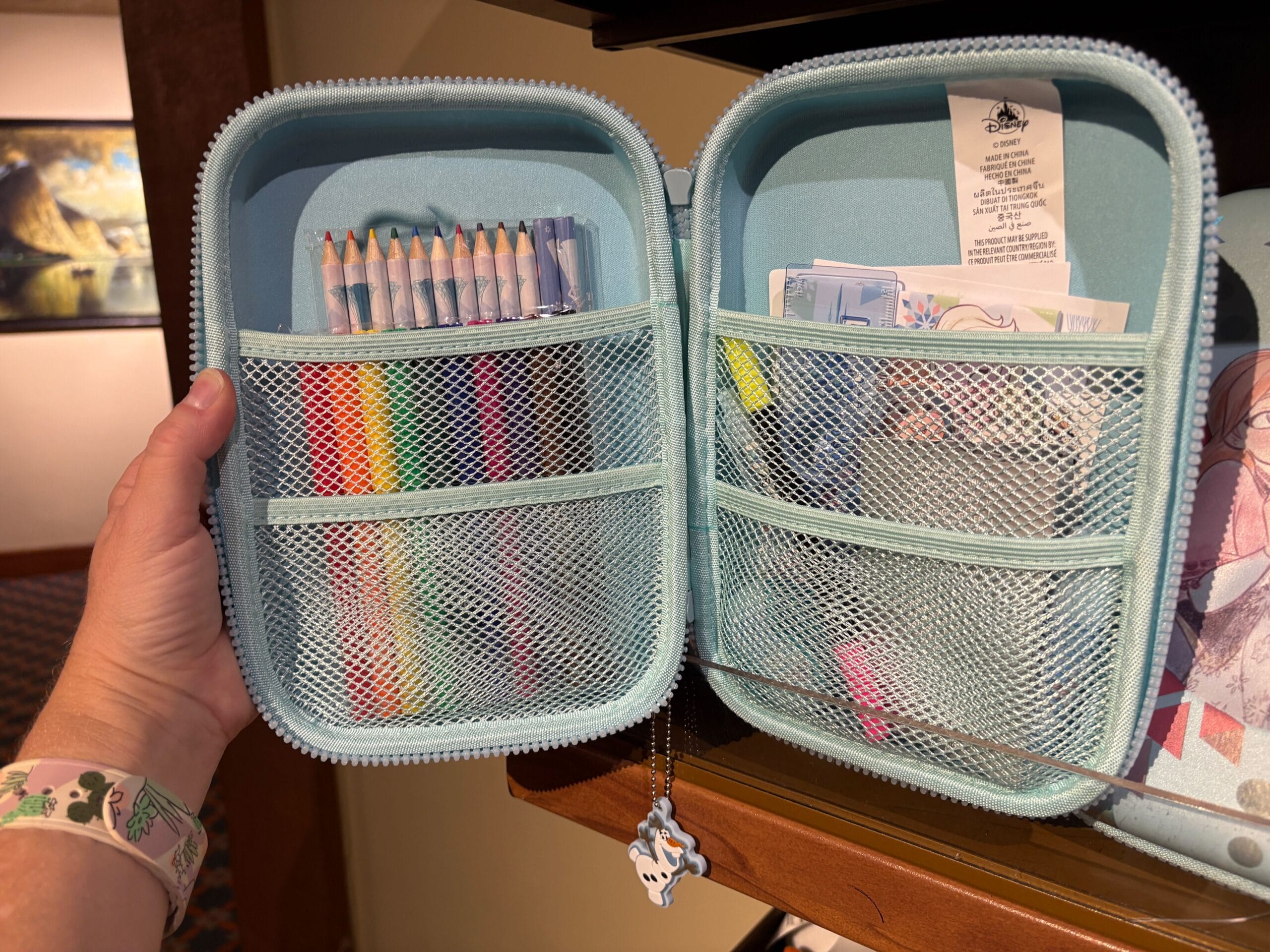 An open blue pencil case with colored pencils, markers, and art supplies in mesh pockets, held by a hand.