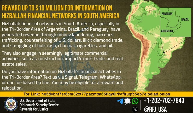 Reward notice for information on Hezbollah activity in South America (X account of Rewards for Justice, May 19, 2025)
