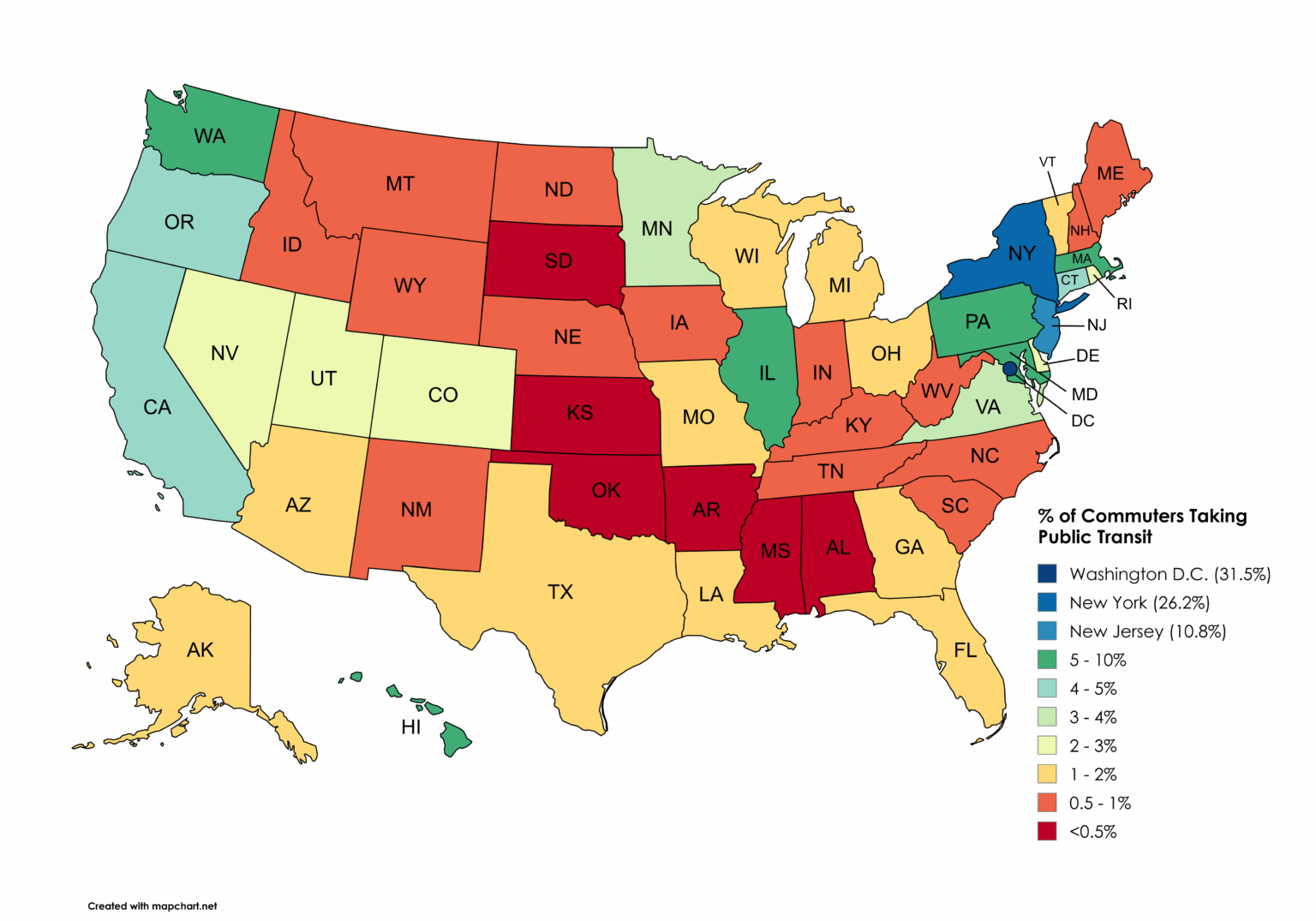 [OC] % of Commuters Taking Public Transit (Source: Census Bureau - American Community Survey for 2023)