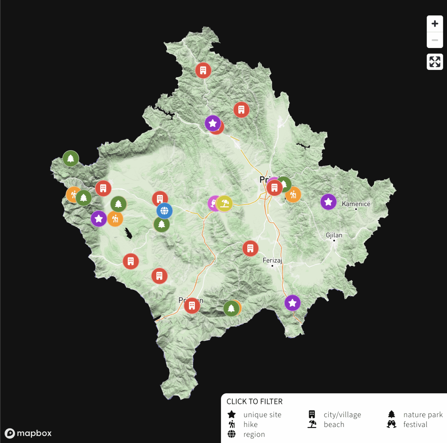 Created this interactive map of where to go in Kosovo
