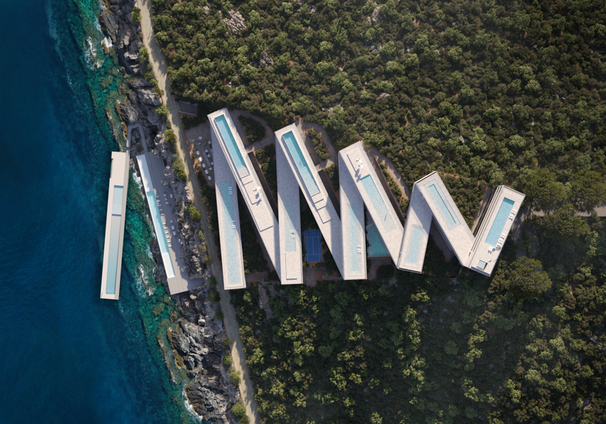zigzag resort extends linear terraces and infinity pools along albania’s rugged coastline
