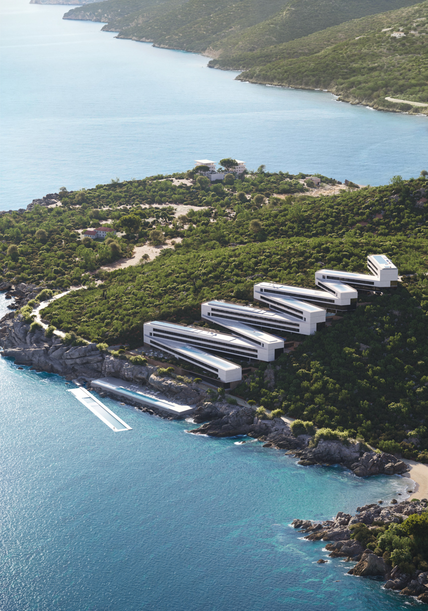 zigzag resort extends linear terraces and infinity pools along albania’s rugged coastline