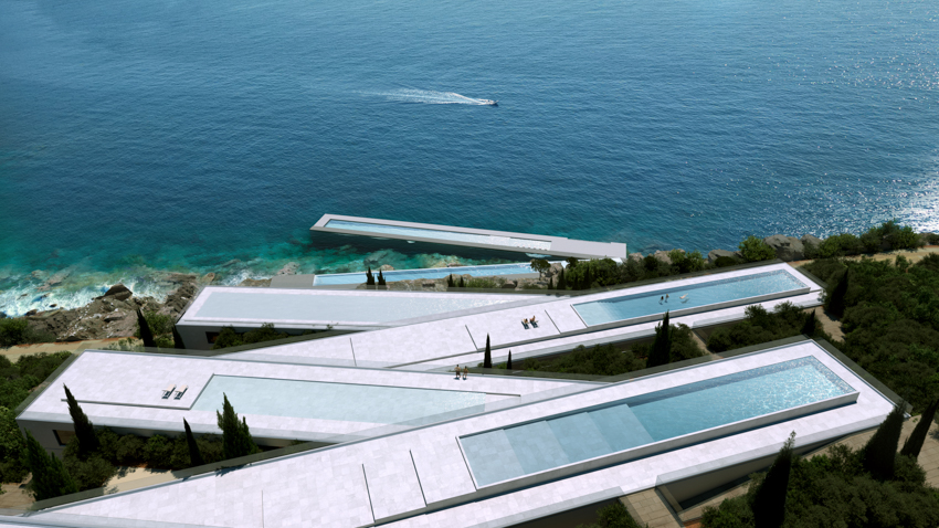 zigzag resort extends linear terraces and infinity pools along albania’s rugged coastline