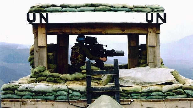 Picture dated 10 July 1995 of one of the posts of Dutch UN troops near the Moslem enclave and UN safe area of Srebrenica before Serb forces brushed aside the Duitch peacekeepers, overran the zone and killed thousands of its male inhabitants. Dutch soldiers may have killed up to 30 Bosnian Moslems by