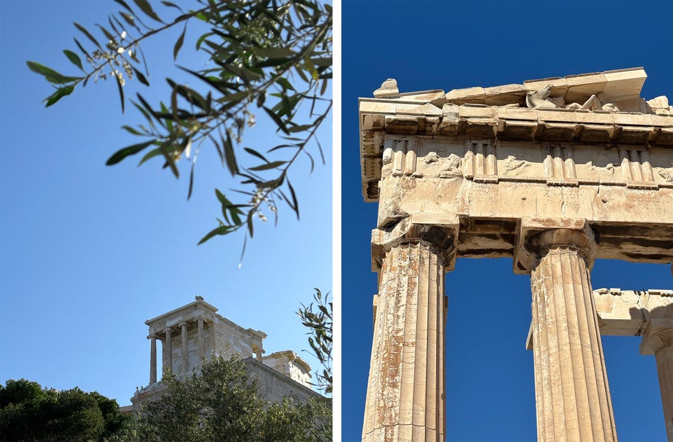 The Temple of Nike and a detail shot of the Parthenon on the Acropolis.