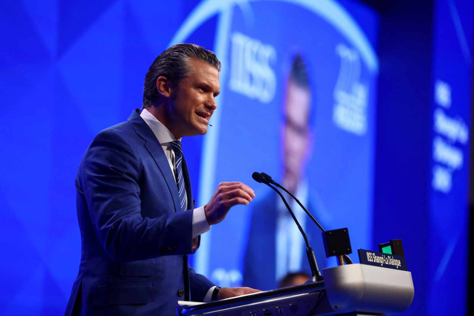 U.S. Defense Secretary Pete Hegseth speaks at the Shangri-La Dialogue security summit in Singapore on May 31. [REUTERS/YONHAP]