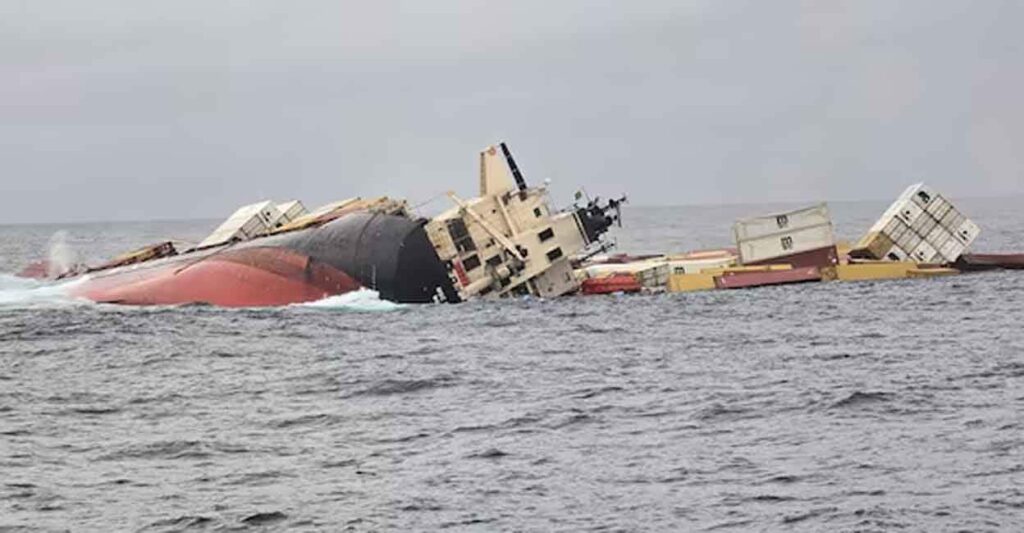 The MSC Elsa 3 cargo ship, which sunk after an accident, 70 km off Kochi. (Visual from INS SUJATA/Indian Navy)
