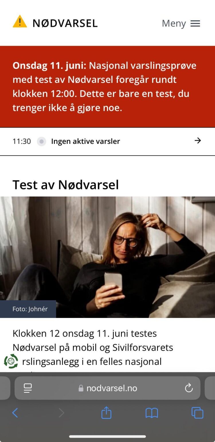 The Norwegian emergency alert system is being tested today at 12:00
