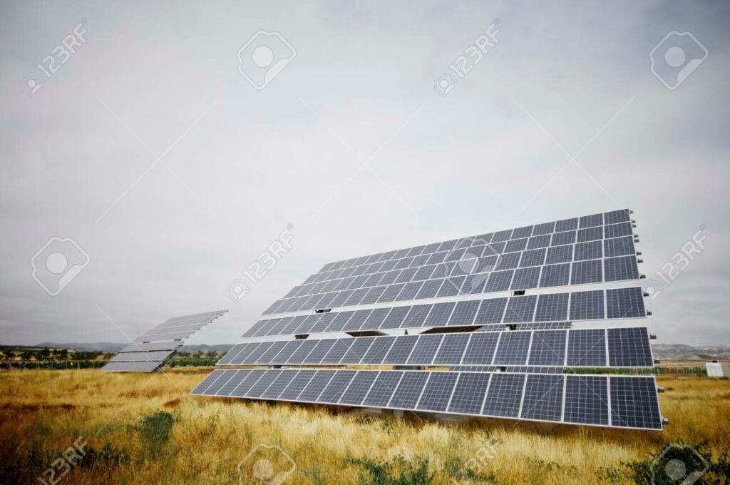 huge photovoltaic panel with blue sky, Zaragoza province, Aragon, Spain